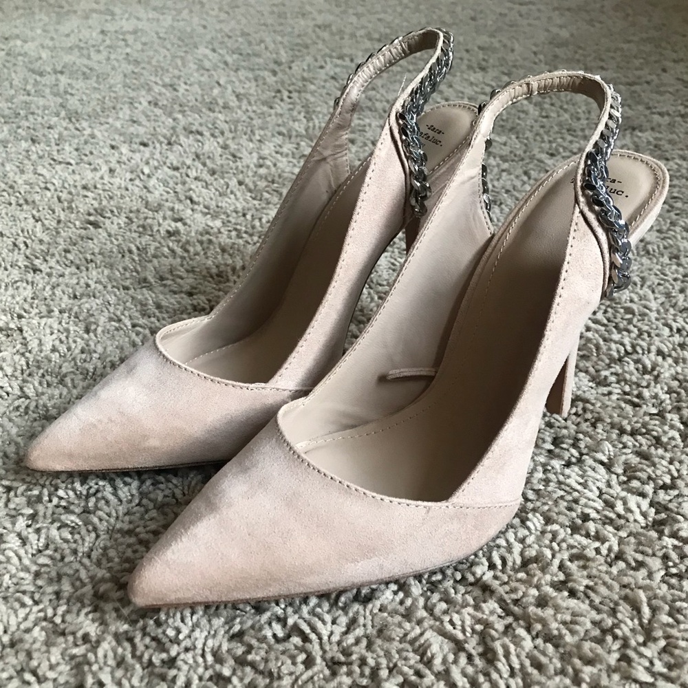 Zara Nude Suede Pumps Heels with Silver Chain